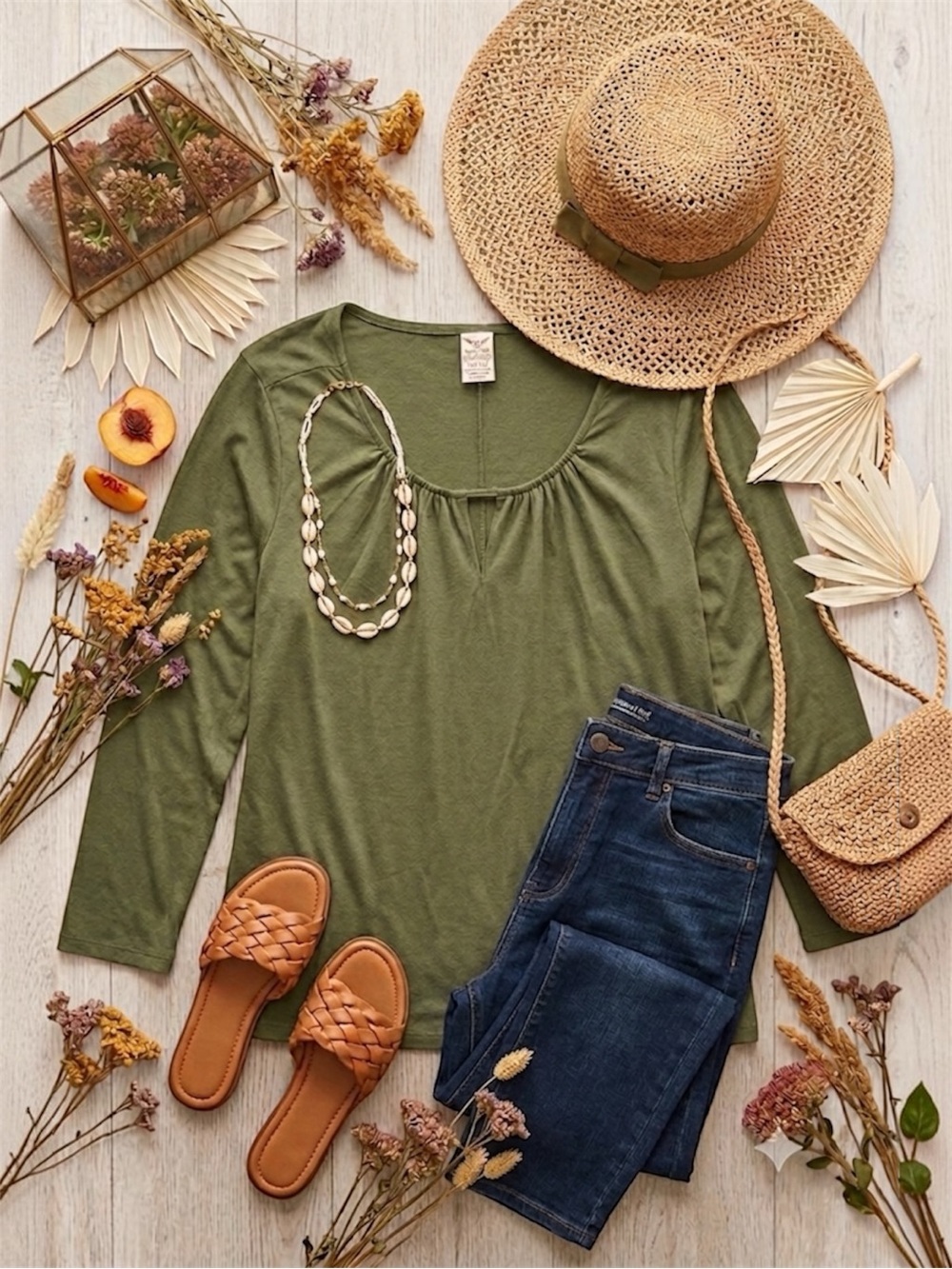 NWT Olive Green Lightweight Peasant Blouse Womens XXL Boho Stretch Soft Top